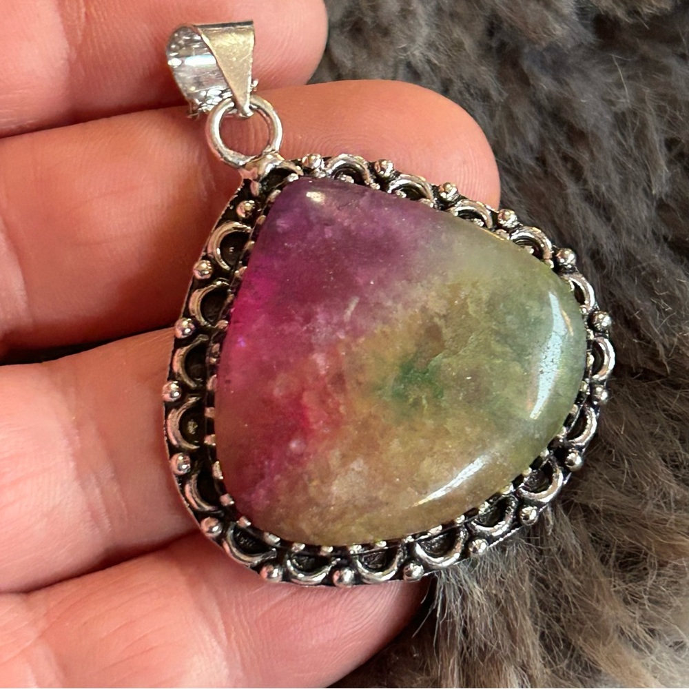 Handcrafted watermelon tourmaline dogtooth 925 sterling pendant necklace